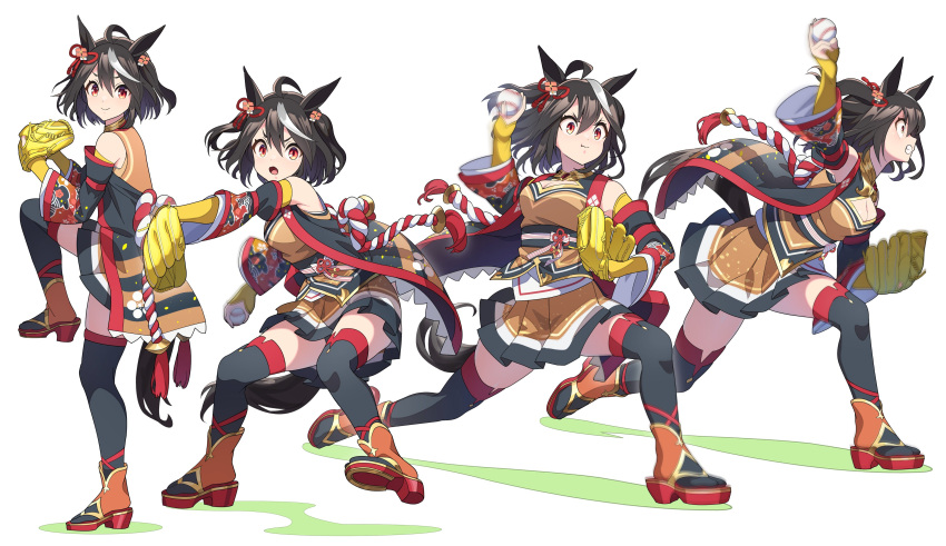 1girl absurdres ahoge animal_ears ball baseball baseball_mitt black_hair black_thighhighs breasts brown_skirt cheek_bulge cleavage_cutout clothing_cutout commentary detached_sleeves elbow_gloves flower_knot foot_up full_body gloves gold_collar grimace high_heels highres holding holding_ball horse_ears horse_girl horse_tail horseshoe kitasan_black_(umamusume) large_breasts motion_blur multicolored_hair multiple_views nishiki_kazue open_mouth orange_eyes pitching pleated_skirt progression sandals shirt short_hair simple_background skirt sleeveless sleeveless_jacket sleeveless_shirt standing standing_on_one_leg streaked_hair tail thighhighs two_side_up umamusume v-shaped_eyebrows white_background white_hair wide-eyed yellow_gloves zettai_ryouiki