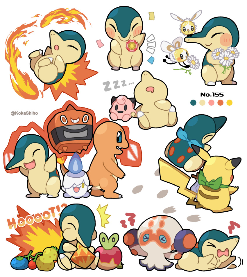 &gt;_&lt; ... :d absurdres animal_focus apple applin artist_name badge bandana berry_(pokemon) blue_bandana blue_eyes bow charmander cheri_berry clefairy clobbopus closed_eyes colored_skin commentary_request cutiefly cyndaquil drooling eating english_text fire flower food fruit green_bow green_skin grin highres kokashiho litwick multiple_views no_humans oran_berry pokemon pokemon_(creature) red_skin rotom rotom_(heat) simple_background sitrus_berry sleeping smile solid_oval_eyes standing stuffed_toy tail teeth white_background white_flower worm yellow_eyes yellow_skin zzz