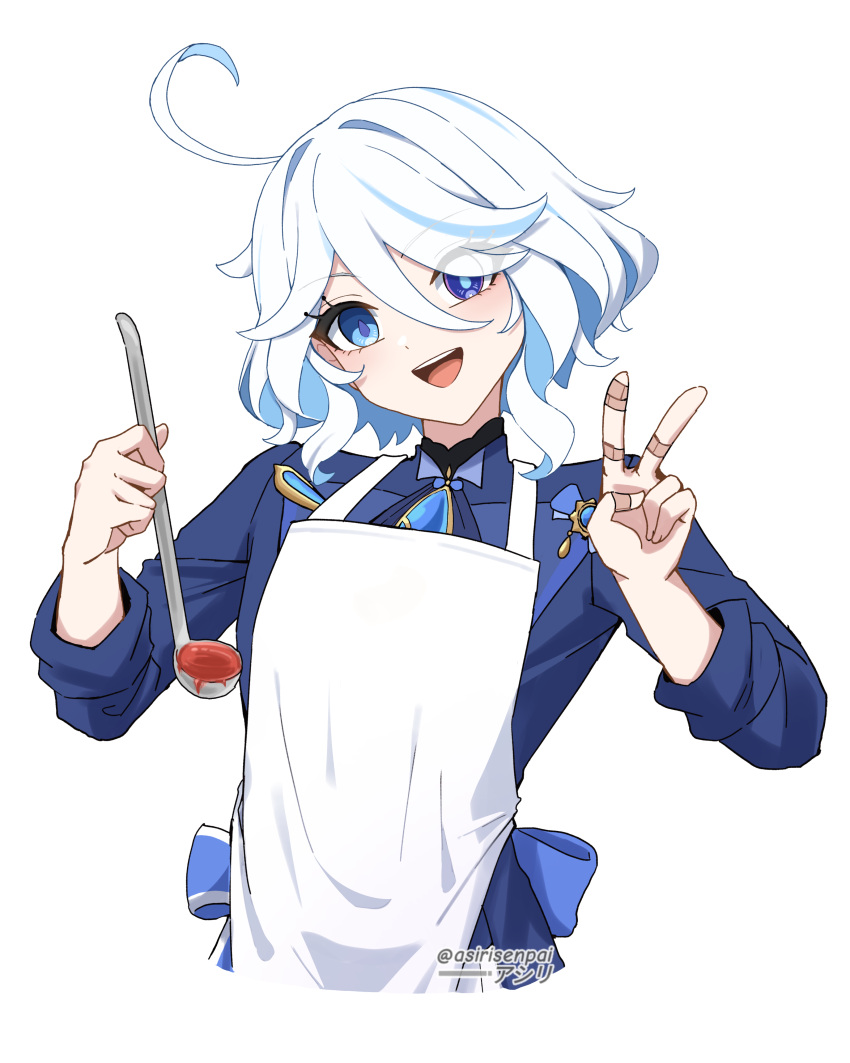 1girl :d absurdres ahoge apron asiri_senpai blue_eyes blue_jacket brooch commentary furina_(genshin_impact) genshin_impact head_tilt highres holding holding_ladle jacket jewelry ladle long_sleeves looking_at_viewer no_headwear open_mouth revision short_hair smile solo upper_body v white_apron white_hair