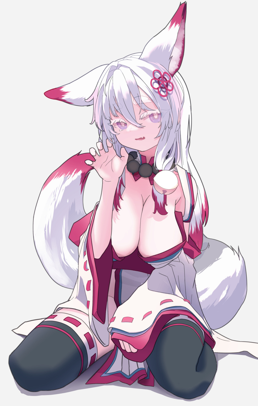 1girl absurdres animal_ears bead_necklace beads bell black_thighhighs breasts bright_pupils cleavage colored_eyelashes detached_sleeves eyes_visible_through_hair fang fox_ears fox_girl fox_tail hair_bell hair_between_eyes hair_intakes hair_ornament hand_up highres jewelry jingle_bell large_breasts long_hair long_sleeves multicolored_hair multicolored_tail nazuna_(sequel_awake) necklace open_mouth purple_eyes red_hair red_tail ribbon-trimmed_sleeves ribbon-trimmed_thighhighs ribbon_trim sequel_(series) sequel_awake sitting skin_fang solo tail thighhighs two-tone_hair two-tone_tail white_hair white_pupils white_sleeves white_tail wide_sleeves yu_xian_(pixiv35650109)