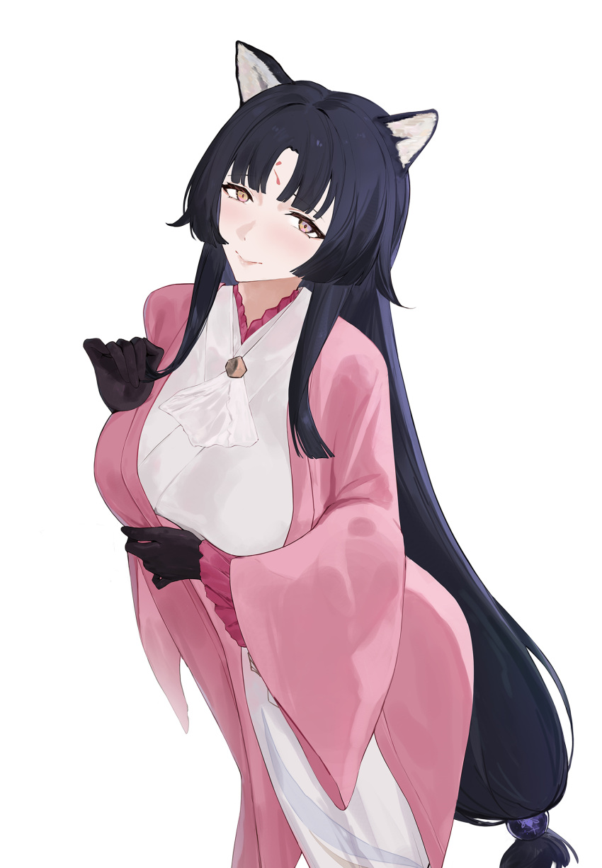 animal_ear_fluff animal_ears arknights black_hair breasts brown_eyes closed_mouth dog_ears facial_mark feet_out_of_frame forehead_mark highres japanese_clothes kimono large_breasts long_hair long_sleeves looking_at_viewer low_ponytail official_alternate_costume parted_bangs saga_(arknights) saga_(there_they_be)_(arknights) sawaki_ken smile standing very_long_hair white_kimono wide_sleeves