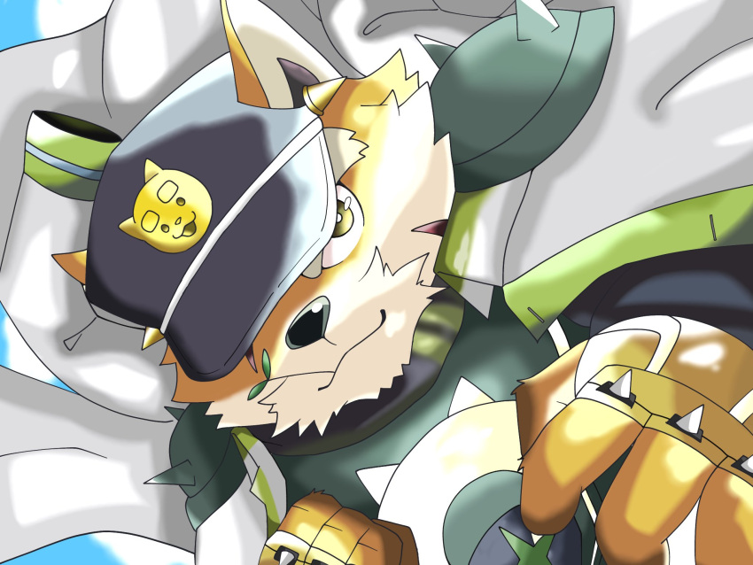 anthro bancho canid canine canis clothing domestic_dog eyebrows facial_hair fur hat headgear headwear hi_res kt0414143919 lifewonders live_a_hero male mammal mustache procy scarf solo spiked_knuckles superhero thick_eyebrows yellow_body yellow_eyes yellow_fur