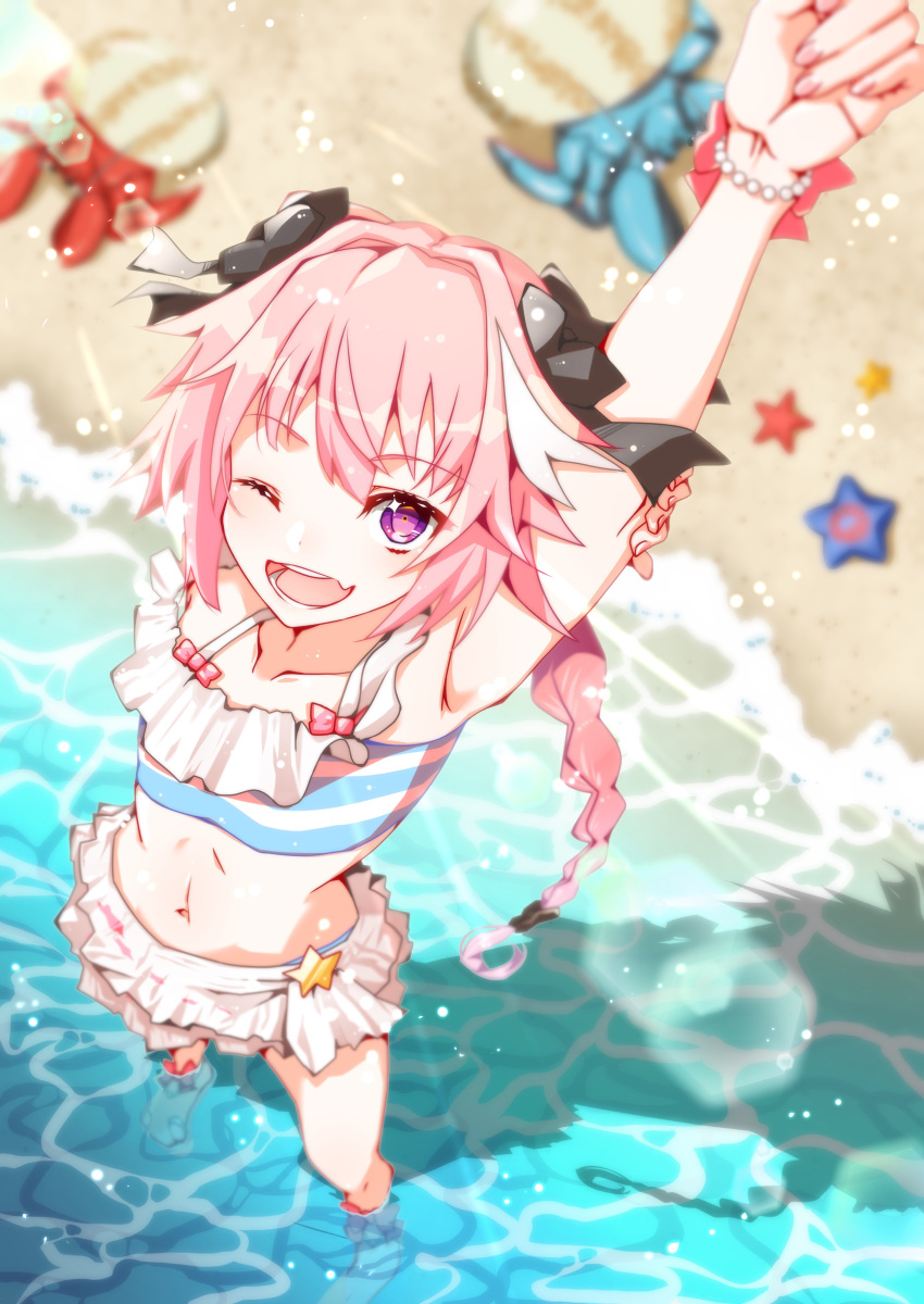 1boy absurdres astolfo_(fate) astolfo_(sparkling_frills)_(fate) beach bikini bikini_skirt black_bow blue_bikini bow bracelet braid crab day fang fate/extella fate/extra fate_(series) frilled_bikini frills hair_bow hair_intakes highres inarin_(user_tgfg4783) jewelry lens_flare long_braid long_hair looking_at_viewer male_focus multicolored_hair navel non-circular_lens_flare off-shoulder_bikini off_shoulder official_alternate_costume open_mouth otoko_no_ko outdoors pearl_bracelet pink_hair purple_eyes shadow single_braid skin_fang smile solo starfish streaked_hair striped striped_bikini sunlight swimsuit water white_hair wrist_bow