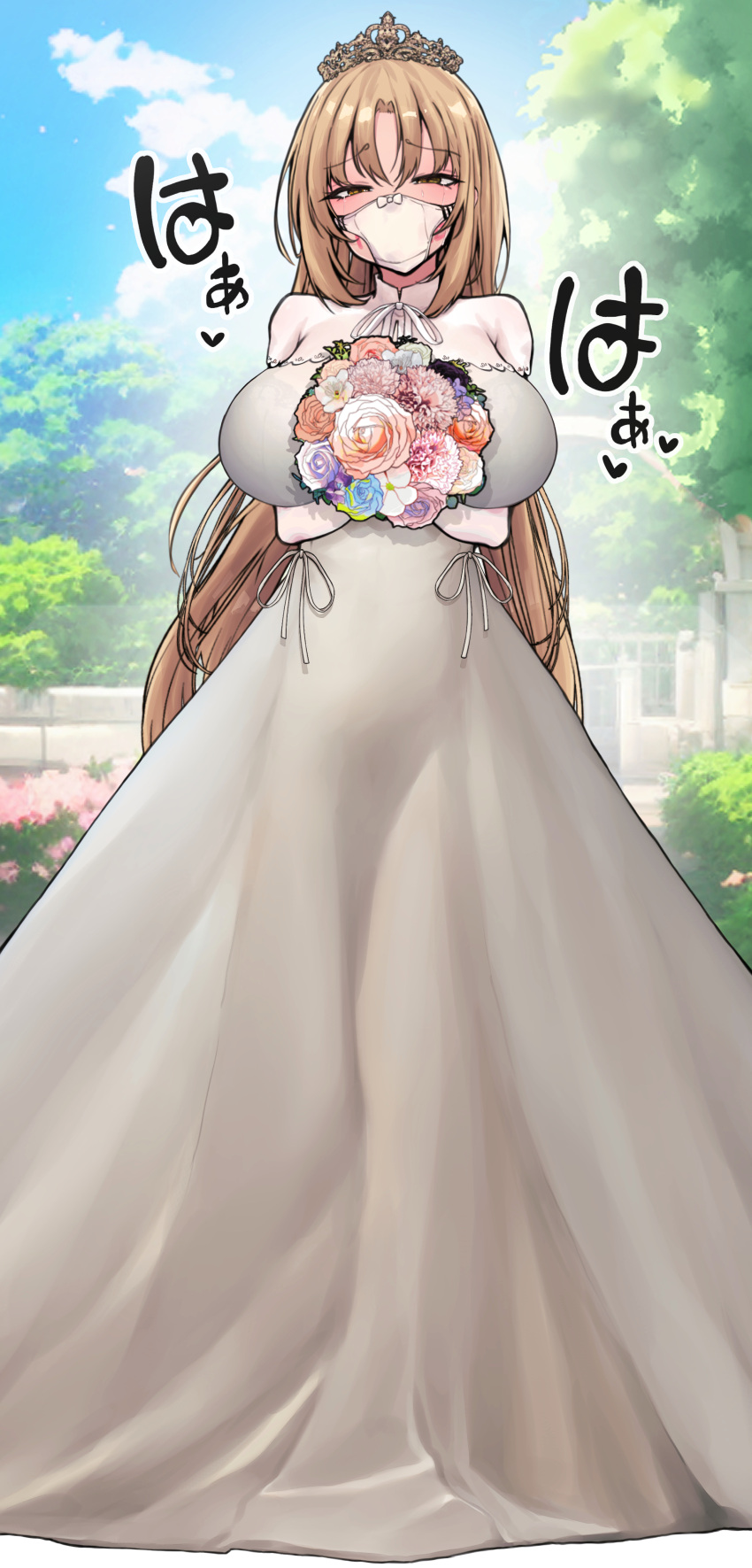 1girl absurdres alternate_costume blue_sky body_writing bouquet breasts bridal_gauntlets brown_eyes commentary commission dress elbow_gloves flower gloves heart heavy_breathing highres holding holding_bouquet huge_breasts light_brown_hair long_hair looking_at_viewer nijisanji object_on_head panties panties_on_head panty_mask pixiv_commission rayasi sister_cleaire sky solo sweat tears tiara underwear very_long_hair virtual_youtuber wedding_dress white_bridal_gauntlets