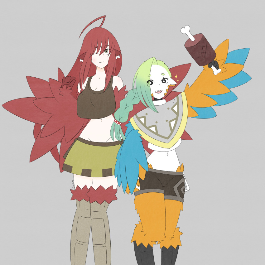 2girls absurdres ahoge animal_ears artist_name bare_shoulders bird_ears bird_legs blue_feathers boned_meat borrowed_character braid breasts brown_tank_top coco_(eogks) feathers food gimli34 gradient_hair green_hair grey_background grey_poncho harpy highres large_breasts long_hair mako_(eogks) meat midriff monster_girl multicolored_hair multiple_girls navel one_eye_closed open_mouth orange_feathers orange_wings original pointy_ears red_feathers red_hair red_wings sharp_teeth shorts simple_background skirt sparkle tank_top teeth two-tone_wings very_long_hair winged_arms wings yellow_skirt