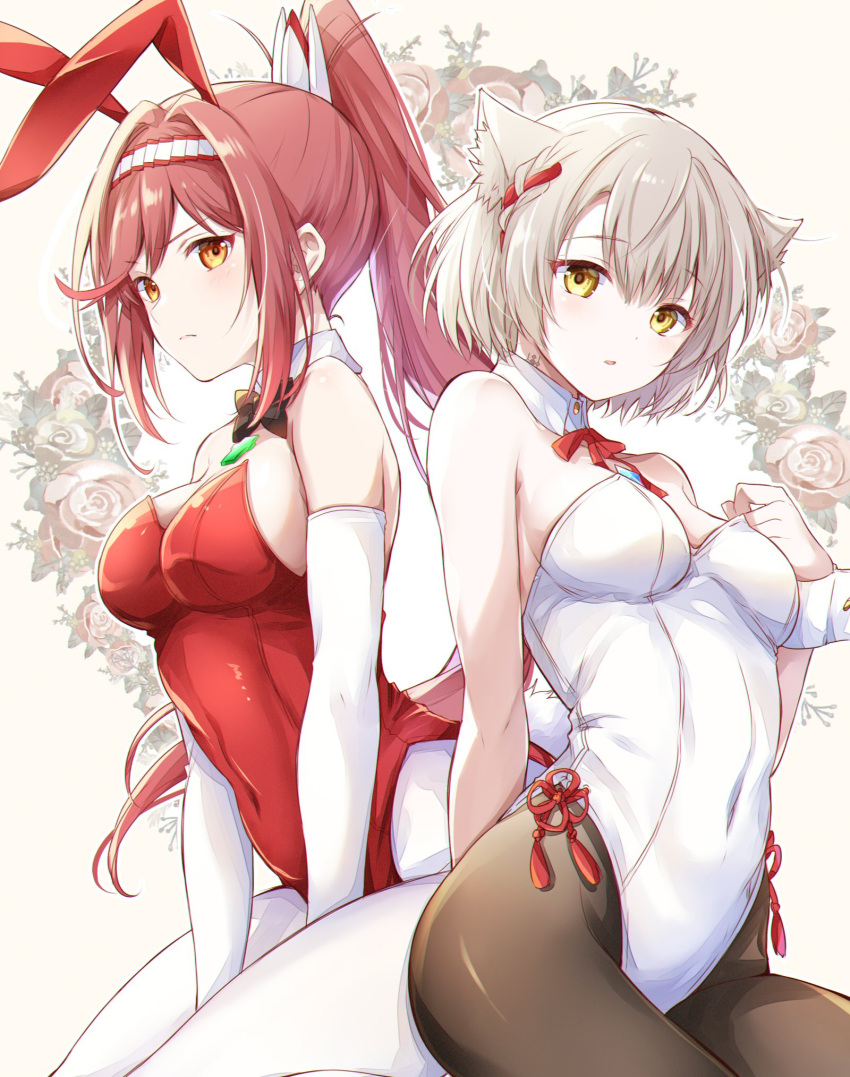 2girls animal_ears bare_shoulders breasts cat_ears chest_jewel cleavage core_crystal_(xenoblade) detached_collar fake_animal_ears glimmer_(xenoblade) grey_hair high_ponytail highres large_breasts leotard long_hair looking_at_viewer mio_(xenoblade) multiple_girls playboy_bunny ponytail rabbit_ears rabbit_tail red_hair short_hair siblings sisters solo strapless strapless_leotard swept_bangs tail ui_frara xenoblade_chronicles_(series) xenoblade_chronicles_3 xenoblade_chronicles_3:_future_redeemed yellow_eyes