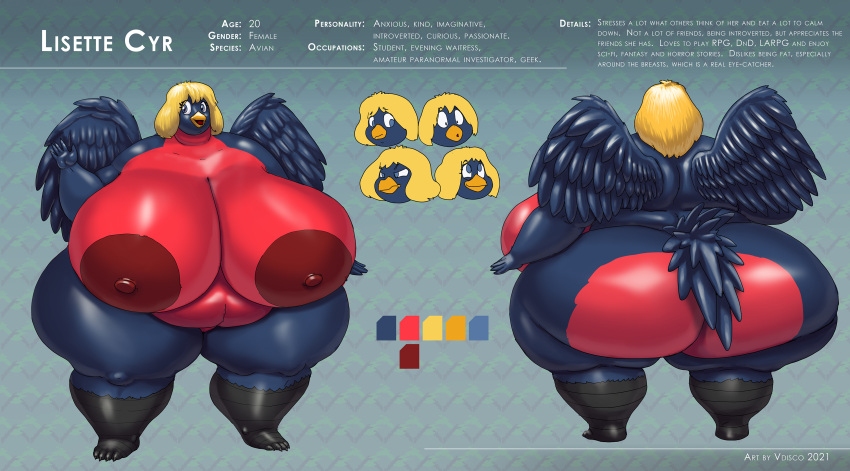 absurd_res anthro areola avian beak big_breasts big_butt bird black_body blonde_hair blue_body blue_eyes blue_feathers breasts butt curvy_figure digital_media_(artwork) english_text feathers female fingers front_view genitals gesture hair hi_res huge_breasts huge_butt huge_thighs hyper hyper_butt hyper_thighs lisette_cyr looking_at_viewer model_sheet nipples non-mammal_breasts nude obese obese_anthro obese_female open_beak open_mouth overweight overweight_anthro overweight_female pussy rear_view red_areola red_body red_feathers red_nipples solo text thick_thighs vdisco voluptuous waving wide_hips wings