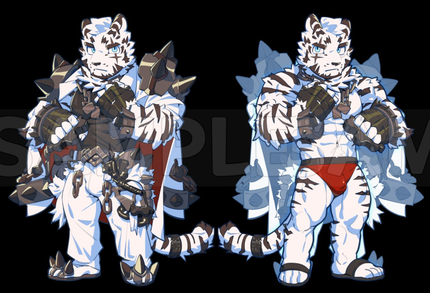 1boy abs acrylic_stand alternate_costume animal_ears arknights bandaged_hand bandages bara beard belt black_belt black_tank_top blue_eyes bulge chain_necklace clenched_hands deformed facial_hair fighting_stance full_body furry furry_male jacket jacket_on_shoulders jewelry large_hands light_blush long_sideburns looking_at_viewer male_focus male_swimwear mountain_(arknights) muscular muscular_male navel navel_hair necklace pants pectorals red_male_swimwear sample_watermark scar scar_across_eye scar_on_arm short_hair shoulder_spikes sideburns slippers spikes stomach strongman_waist swim_briefs tail tail_ornament tail_ring tank_top thick_eyebrows thick_thighs thighs tiger_boy tiger_ears tiger_tail topless_male uza_(hellme) white_fur white_hair white_jacket white_pants