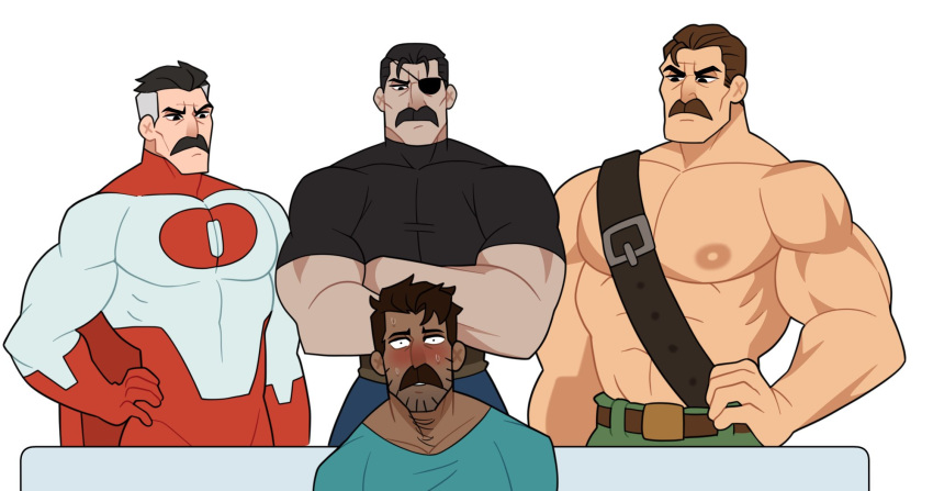 4boys abs bara beard black_hair blush brown_hair character_request cowboy_shot facial_hair fullmetal_alchemist herobrine highres king_bradley male_focus meme minecraft multiple_boys muscular muscular_male mustache nipples pants pectorals piper_perri_surrounded_(meme) revealyoursins simple_background undercut white_background