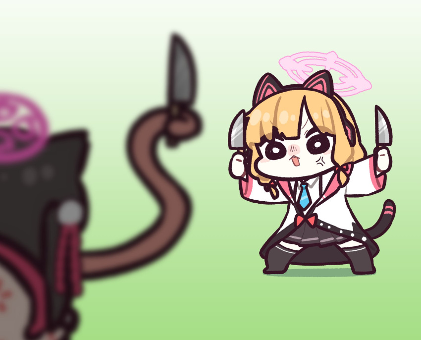 2girls anger_vein animal_ear_headphones animal_ears black_eyes black_hair black_skirt black_thighhighs blonde_hair blue_archive blue_necktie blurry blurry_foreground cat_ear_headphones chibi death_momoi_(meme) dual_wielding fake_animal_ears fake_tail fox_ears halo hands_up headphones highres holding holding_knife izuna_(blue_archive) jacket knife long_sleeves long_tongue looking_at_another meme momoi_(blue_archive) multiple_girls necktie piki_(itpiki) skirt standing tail thighhighs tongue very_long_tongue white_jacket