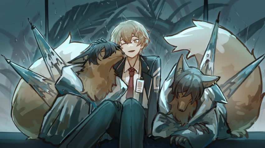 1boy black_coat black_hair black_pants blonde_hair brown_hair coat collared_shirt e.g.o_(project_moon) fox highres limbus_company long_sleeves necktie open_mouth outis_(limbus_company) pants project_moon rain red_necktie shiqicheng shirt short_hair sinclair_(limbus_company) sitting skirt smile solo suspender_skirt suspenders umbrella white_shirt wing_collar yellow_eyes yi_sang_(limbus_company)