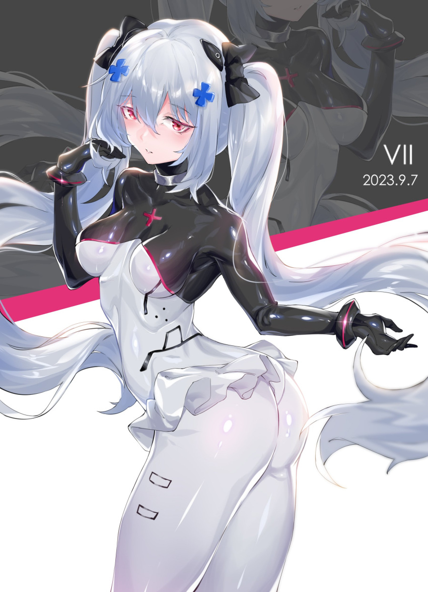 1girl absurdres blush bodysuit breasts cosplay girls'_frontline hair_between_eyes hair_ornament hair_ribbon hairclip highres hk416_(girls'_frontline) hk416_(midnight_evangelion)_(girls'_frontline) hk416_(midnight_evangelion)_(girls'_frontline)_(cosplay) jian_xuanyuan latex latex_bodysuit long_hair medium_breasts original red_eyes ribbon solo twintails very_long_hair white_hair