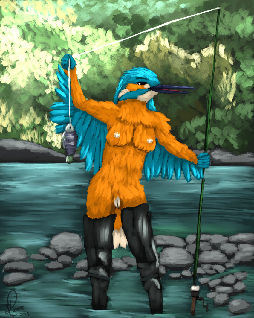 absurd_res animal_genitalia anthro avian beak bird birdtember boots breasts cloaca clothing coraciiform creek feathers female fish fishing fishing_rod footwear genitals hi_res kingfisher leaf marine nude partially_submerged plant rock solo tree water yenocwolf