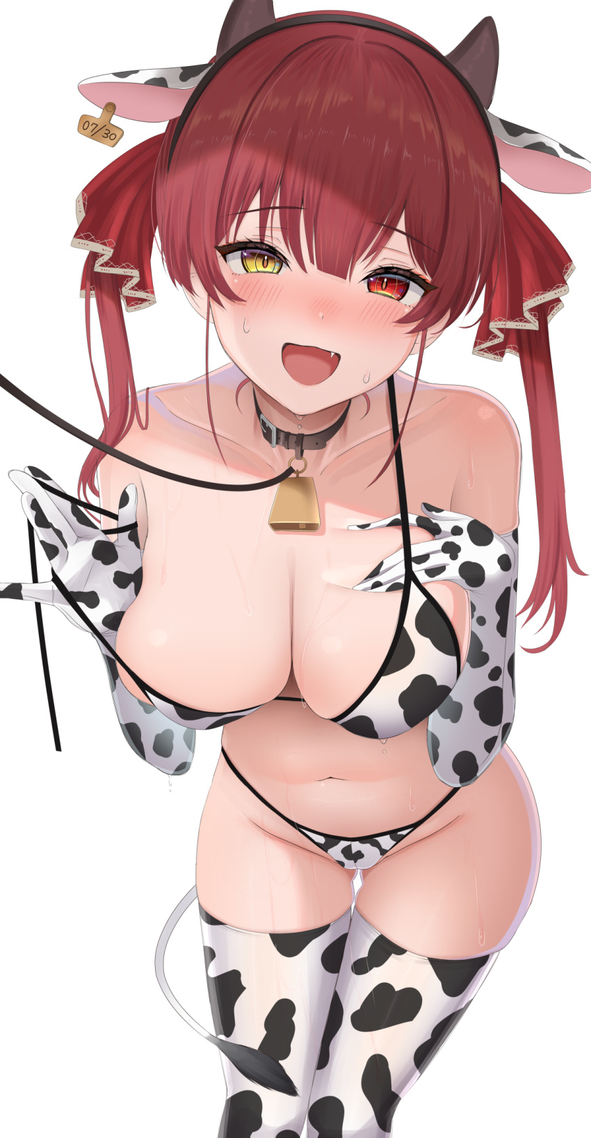 1girl animal_ears animal_print bare_shoulders bell bikini blush breasts cleavage collar commentary_request cow_ears cow_horns cow_print cow_print_bikini cow_tail cowbell ear_tag embarrassed fake_horns fang gloves hair_ribbon heterochromia highres hololive horns houshou_marine kachikachipiroo large_breasts leash long_hair looking_at_viewer neck_bell open_mouth print_bikini print_gloves print_thighhighs red_eyes red_hair ribbon solo strap_pull sweat swimsuit tail thighhighs twintails virtual_youtuber yellow_eyes