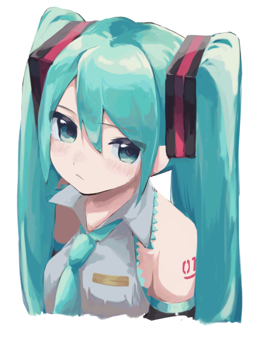 1girl aqua_eyes aqua_hair aqua_necktie asymmetrical_bangs bare_shoulders black_ribbon black_sleeves breasts closed_mouth collared_shirt commentary cropped_torso detached_sleeves dot_nose grey_shirt hair_between_eyes hair_ribbon hatsune_miku highres lace-trimmed_shirt lace_trim light_blush light_frown long_hair looking_at_viewer medium_breasts necktie neon_trim number_tattoo poncha_(fks) ribbon shirt shoulder_tattoo sidelocks sleeveless sleeveless_shirt solo straight_hair swept_bangs tattoo twintails vocaloid white_background