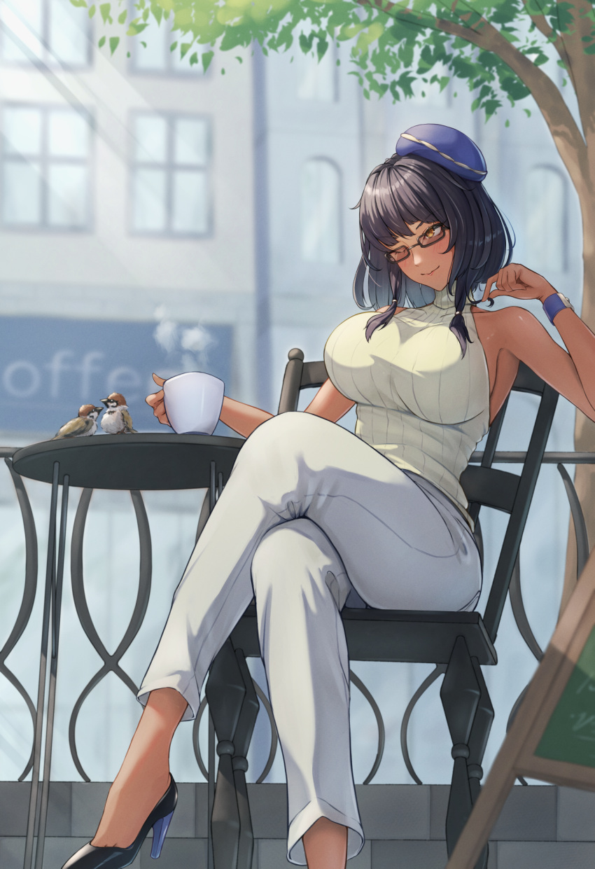 1girl bare_arms bare_shoulders bird black_hair blurry blurry_background bracelet breasts building chair coffee coffee_mug commentary_request commission crossed_legs cup dark-skinned_female dark_skin day foot_out_of_frame halterneck hat high_heels highres impossible_clothes jewelry large_breasts legs long_hair mug on_chair one_eye_closed orange_eyes original outdoors pants playing_with_own_hair ring_hair_ornament ropi_(yyuichi29) sideboob sitting skeb_commission sleeveless sleeveless_turtleneck smile solo sparrow steam table toe_cleavage tree turtleneck