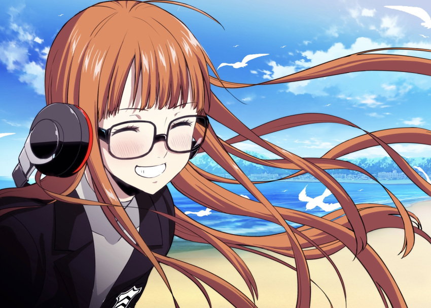 1girl ahoge beach black-framed_eyewear black_jacket blue_sky blush closed_eyes cloud commentary_request day floating_hair glasses grin headphones headphones_around_neck highres ito_(daisukidanchi) jacket long_hair orange_hair persona persona_5 persona_5_the_royal sakura_futaba sand school_uniform shirt shuujin_academy_school_uniform sky smile solo teeth turtleneck uniform very_long_hair water white_shirt