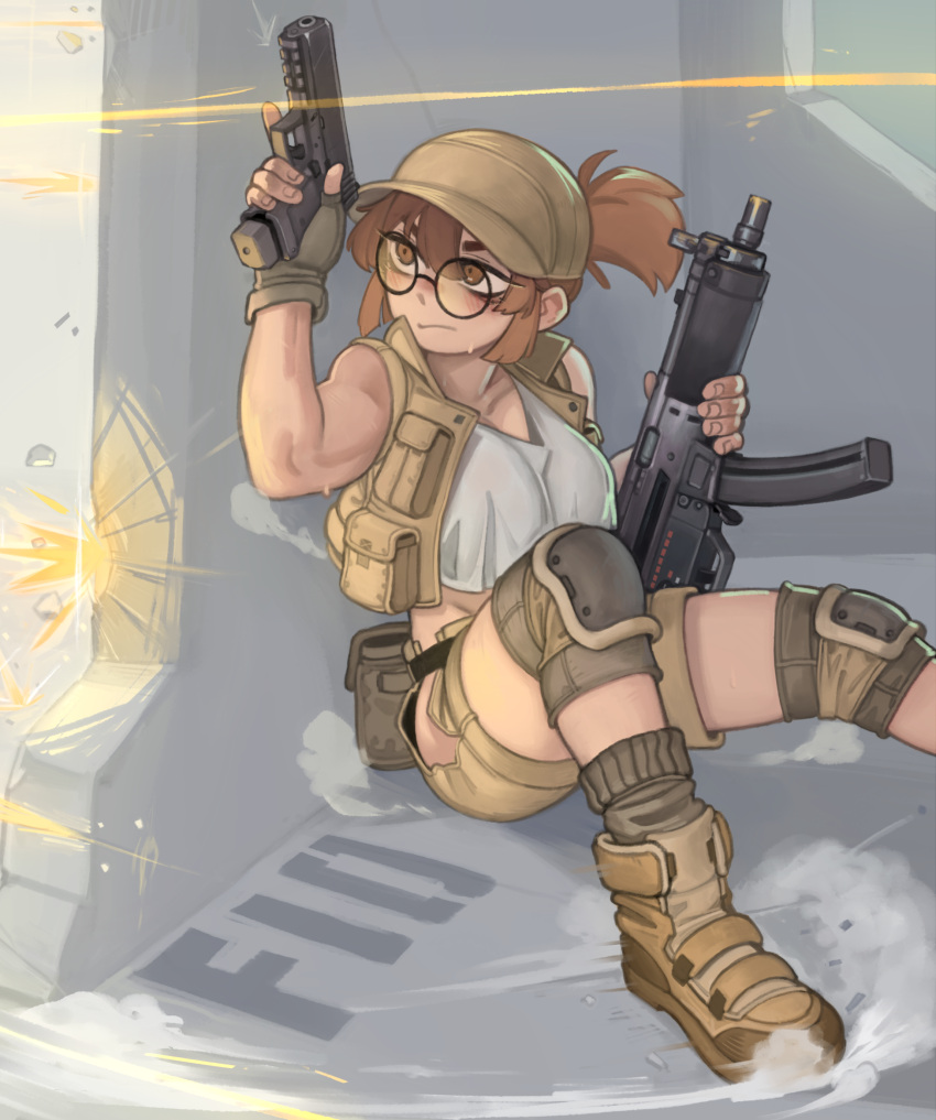 1girl baseball_cap boots breasts brown_eyes brown_hair character_name cropped_shirt dust english_commentary fio_germi glasses gun handgun hat highres holding holding_gun holding_weapon kelvin_hiu knee_pads machine_gun metal_slug on_ground outdoors ponytail projectile_trail ricocheting shirt short_ponytail shorts sitting sleeveless sleeveless_shirt socks solo stone_wall sweat vest waistpack wall weapon