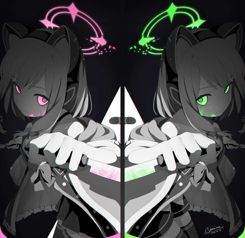 2girls 4ba_nana absurdres animal_ear_headphones animal_ears black_skirt black_thighhighs blood blood_splatter blue_archive bow cat_ears cat_tail closed_mouth death_momoi_(meme) dual_wielding expressionless fake_animal_ears foreshortening frilled_skirt frills glowing glowing_eyes green_eyes green_halo grey_hair greyscale hair_bow halo headphones highres holding holding_knife hood hood_down hooded_jacket jacket knife looking_at_viewer meme midori_(blue_archive) miniskirt momoi_(blue_archive) monochrome multiple_girls parted_bangs pink_eyes pink_halo pleated_skirt shirt siblings sidelocks signature sisters skirt tail thighhighs twins upper_body white_jacket white_shirt