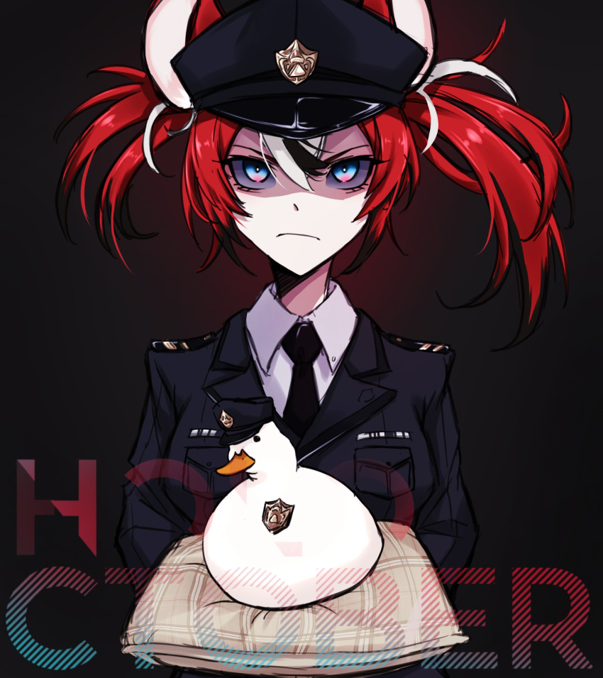 1girl absurdres bird black_hair blue_eyes duck gradient_eyes hakos_baelz hat highres holding_cushion hololive hololive_english hoodboy49009174 long_hair looking_at_viewer multicolored_eyes multicolored_hair necktie peaked_cap police police_badge police_hat police_uniform policewoman red_hair shaded_face streaked_hair subaru_duck twintails uniform virtual_youtuber white_hair