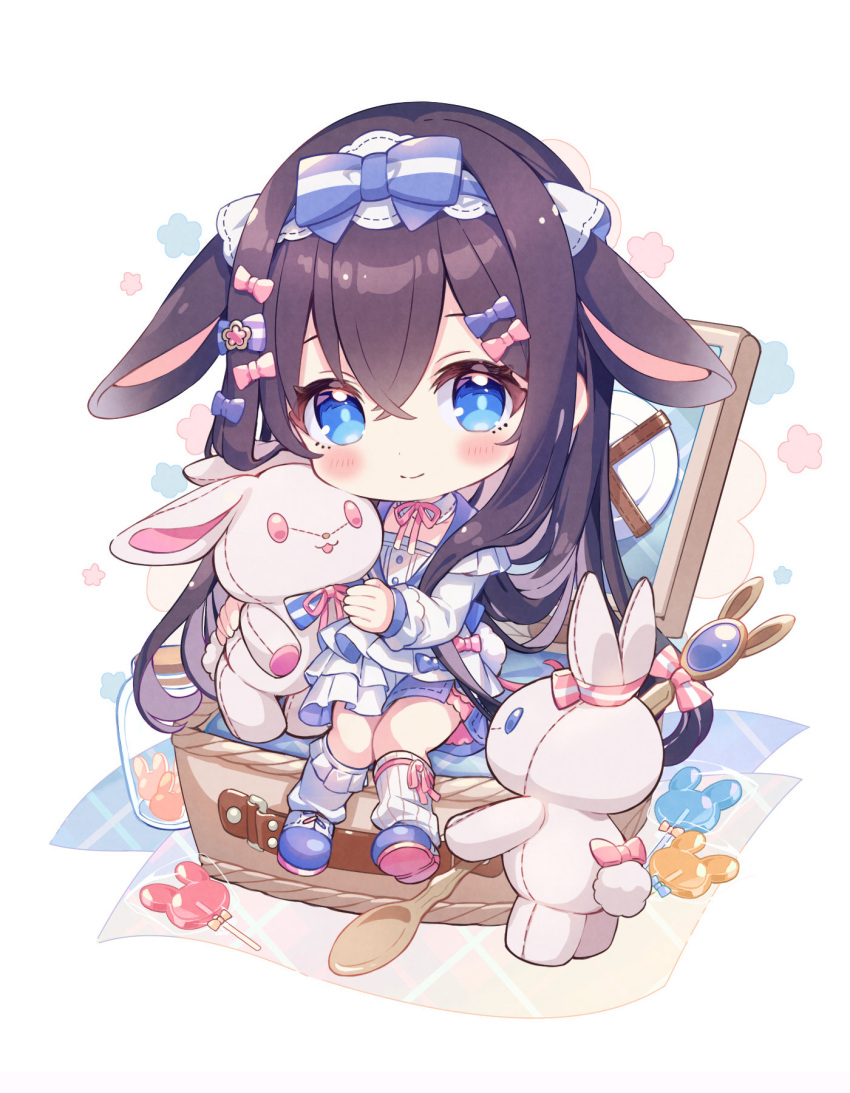 1girl animal_ears ao_no_neko asymmetrical_legwear basket black_hair blue_bow blue_eyes blue_footwear bobby_socks bottle bow candy chibi detached_collar dress food hair_bow highres in_basket lollipop long_hair loose_socks mismatched_legwear original pink_bow pink_ribbon rabbit_ears rabbit_tail ribbed_socks ribbon shoes sitting smile socks solo spoon striped striped_bow stuffed_animal stuffed_rabbit stuffed_toy tail very_long_hair white_background white_dress