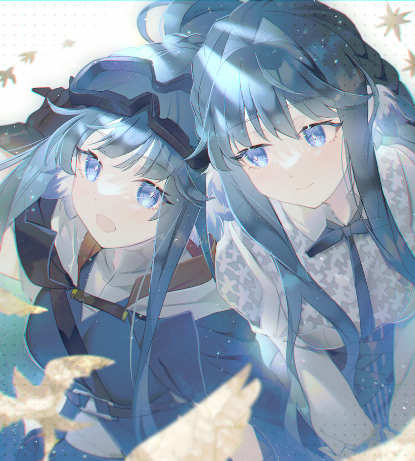 2girls :d animal_ear_fluff arknights astesia_(arknights) astgenne_(arknights) black_gloves blue_eyes blue_hair blue_jacket blue_ribbon blue_skirt blush bright_pupils closed_mouth commentary_request diamond-shaped_pupils diamond_(shape) gloves goggles goggles_on_head highres jacket long_hair multiple_girls neck_ribbon open_mouth ribbon shirt siblings sidelocks sisters skirt smile soukuu_kizuna symbol-shaped_pupils upper_body white_pupils white_shirt