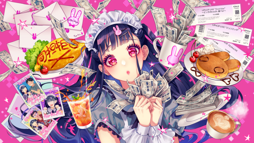 1girl banknote black_hair coffee coffee_mug cup envelope eyeshadow food frills glass hair_ornament hairclip hands_up head_tilt heart heart-shaped_pupils holding holding_money honeyworks long_hair looking_at_viewer maid_headdress makeup money mug nakamura_chizuru omelet omurice pancake photo_(object) pink_background pink_eyes plate puckered_lips puffy_short_sleeves puffy_sleeves rabbit_hair_ornament short_sleeves sleeve_cuffs solo symbol-shaped_pupils ticket two_side_up upper_body yamako_(state_of_children)