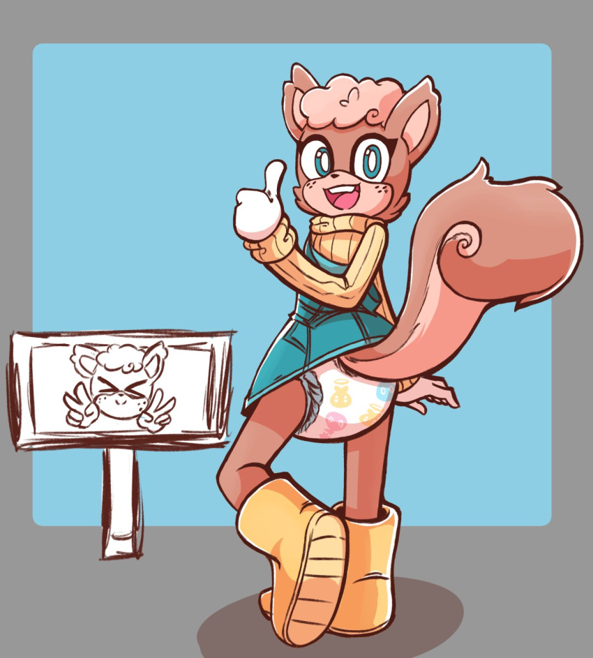 anthro boots bottomwear clothing diaper divine_omutsu female footwear gesture hi_res looking_at_viewer mammal open_mouth rodent sciurid sign skirt smile solo sweater thumbs_up topwear tree_squirrel turtle_neck