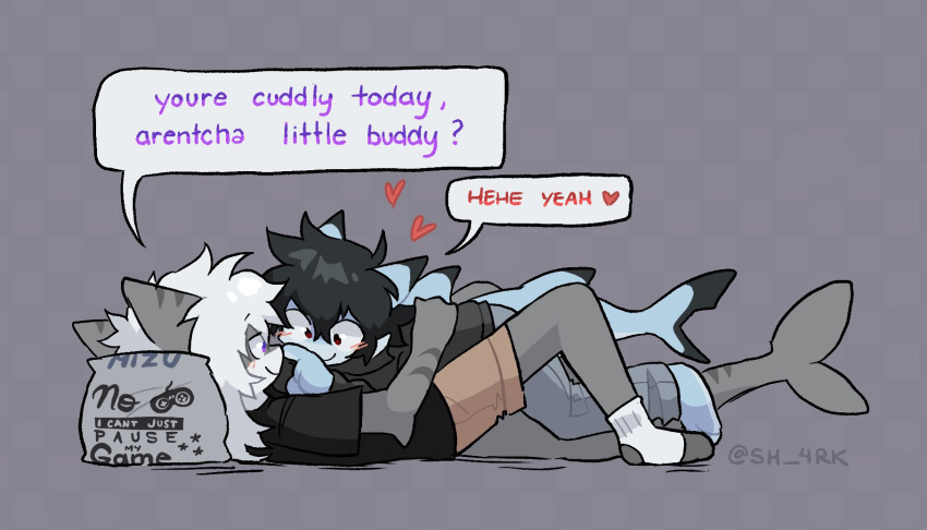 &lt;3 anthro black_hair blue_body blue_eyes blush boop cuddling duo ear_fins embrace fin fish fluffy fluffy_hair grey_background grey_body hair hi_res hug long_hair male male/male marine nose_boop pillow sh-4rk shark signature simple_background smile stripes tail white_hair