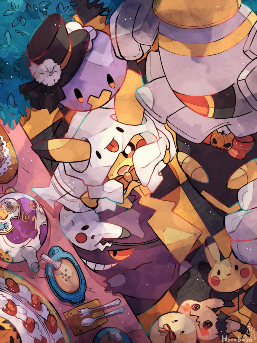 @_@ animal_focus artist_name black_headwear black_sclera bush cake colored_sclera colored_skin commentary_request drifloon dusknoir flower food fork fruit gengar grin hanabusaoekaki hat highres jack-o'-lantern leaf mimikyu no_humans open_mouth pikachu pokemon pokemon_(creature) polteageist purple_skin red_eyes red_sclera smile solid_oval_eyes spoon strawberry table tail teapot teeth tongue tongue_out top_hat white_flower yellow_skin