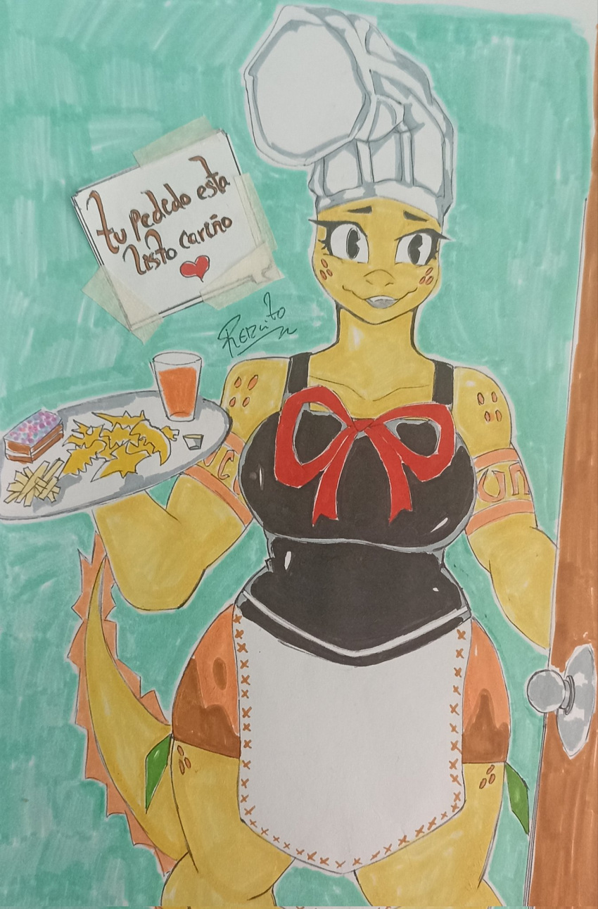 &lt;3 anthro apron beverage bottomwear bow_tie chef_hat clothing container cooking_with_tracy cup dino_nugget dinosaur door female food grin hat headgear headwear hi_res holding_platter long_tail looking_at_viewer orange_body orange_scales platter redcito reptile scales scalie shirt simple_background skirt smile solo spanish_text spiked_tail spikes spikes_(anatomy) standing tail tank_top teeth text topwear tracy_(cwt) traditional_media_(artwork) yellow_body yellow_scales