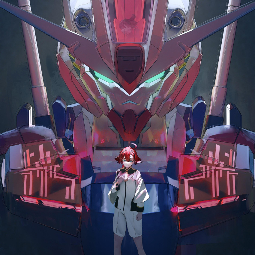 1girl ahoge artist_request asticassia_school_uniform black_hairband blue_eyes clenched_hand closed_mouth dim_lighting feet_out_of_frame glowing glowing_eyes gundam gundam_aerial gundam_suisei_no_majo hairband hand_on_own_chest highres long_sleeves mecha official_art red_hair robot school_uniform shorts size_difference solo standing suletta_mercury white_shorts wide_sleeves