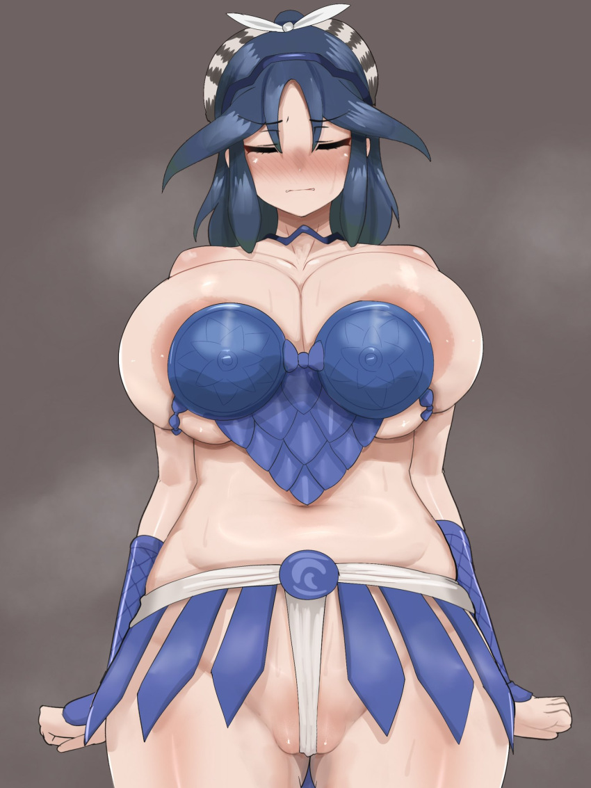 1girl alternate_body_size alternate_breast_size areola_slip arms_at_sides belly biting black_hair blush bracer breasts clenched_hands closed_eyes coelacanth_(kemono_friends) coelacanth_(kemono_friends)_(cosplay) collar collarbone cosplay covered_clitoris cowboy_shot curvy embarrassed facing_viewer furrowed_brow green_hair groin hair_ornament highres huge_breasts kako_(kemono_friends) kemono_friends large_areolae lip_biting long_hair multicolored_hair navel nose_blush parted_lips plump shibori_kasu skindentation solo stomach sweat two-tone_hair undersized_clothes