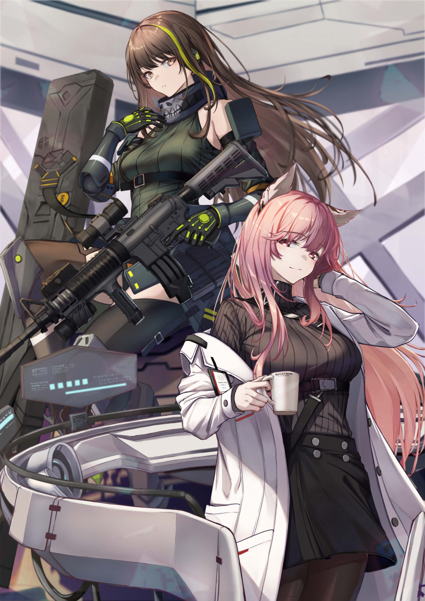 2girls 3_small_spiders absurdres adjusting_hair animal_ears assault_rifle black_skirt brown_eyes brown_hair coffee_mug commentary_request cup girls'_frontline girls'_frontline_neural_cloud green_hair gun highres holding holding_cup id_card lab_coat long_hair looking_at_viewer m4_carbine m4a1_(girls'_frontline) magazine_(weapon) mug multicolored_hair multiple_girls off_shoulder pantyhose persicaria_(girls'_frontline_nc) pink_eyes pink_hair ribbed_shirt ribbed_sweater rifle shirt skirt sleeveless sleeveless_shirt smile streaked_hair sweater thighhighs trigger_discipline vertical_foregrip weapon