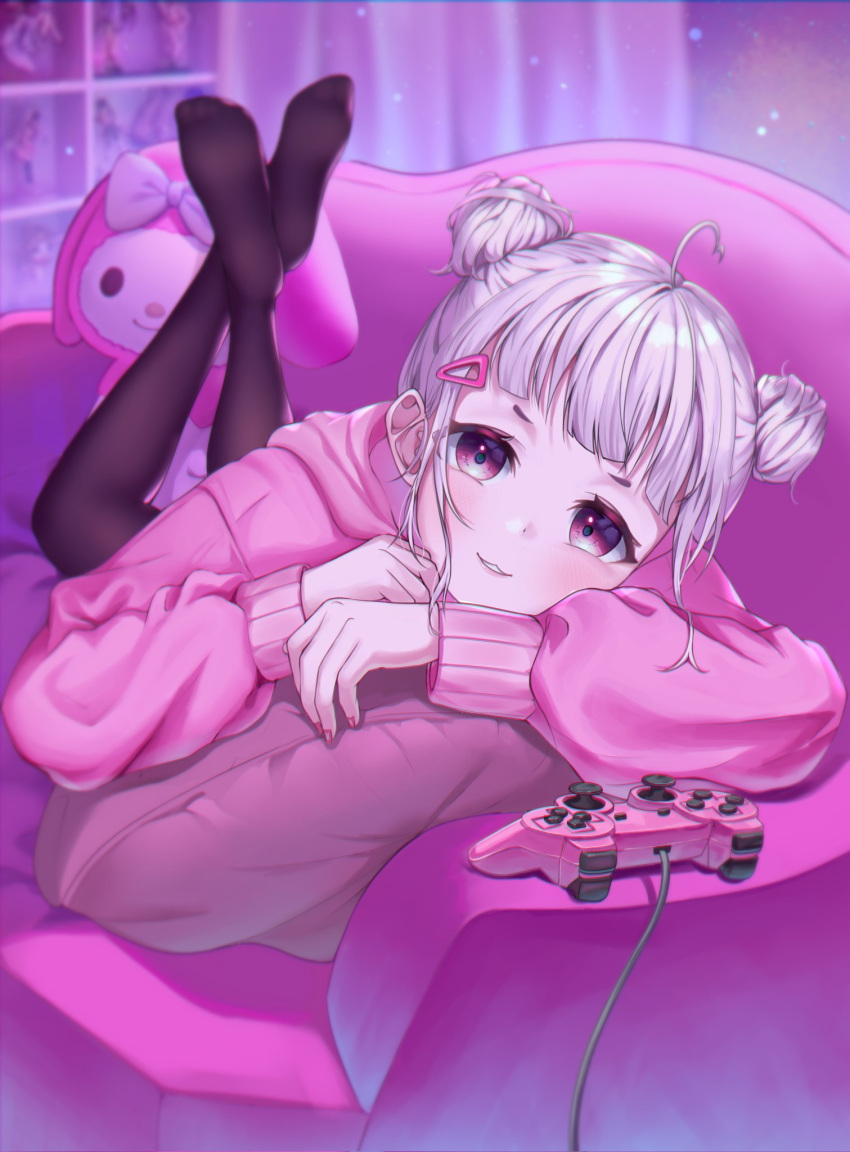 1girl :3 ahoge black_pantyhose blunt_bangs blush cabinet commentary controller couch double_bun feet figure game_controller hair_bun hair_ornament hairclip heart heart_ahoge highres hood hoodie indoors legs_up light_particles long_sleeves looking_at_viewer lying on_couch on_pillow on_stomach original pantyhose parted_lips pink_hoodie playstation_controller red_eyes red_nails solo stuffed_animal stuffed_rabbit stuffed_toy symbol-only_commentary syu_bit white_hair