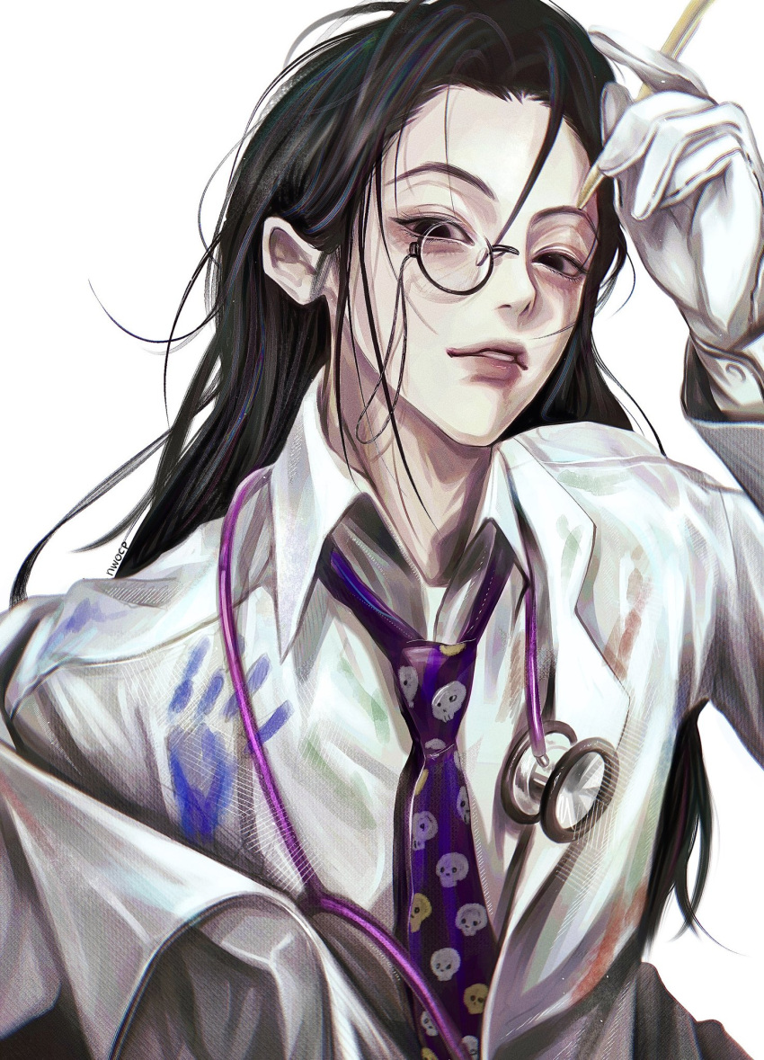 1boy black_eyes black_hair collared_shirt doctor gloves highres holding holding_pen hunter_x_hunter illumi_zoldyck long_hair looking_at_viewer male_focus monocle necktie nwocp paint parted_lips pen purple_necktie shirt simple_background solo stethoscope upper_body white_background white_gloves white_shirt