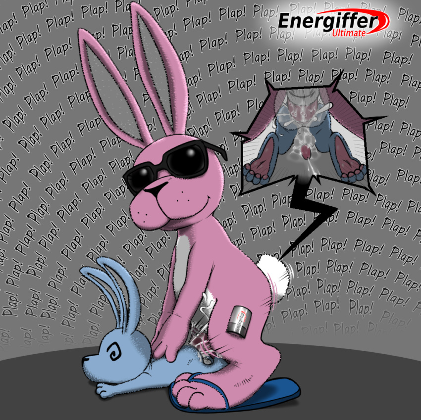 anal anal_penetration animal_genitalia balls battery bodily_fluids close-up clothing cum cum_in_ass cum_inside dizzy dizzy_eyes duo energizer energizer_bunny eyewear feral flip_flops fluffy fluffy_tail footwear genital_fluids genitals hands_on_back lagomorph leporid logo male male/male mammal mascot nivy_(artist) paws penetration penis rabbit sandals sheath size_difference sound_effects sunglasses tail whiskers