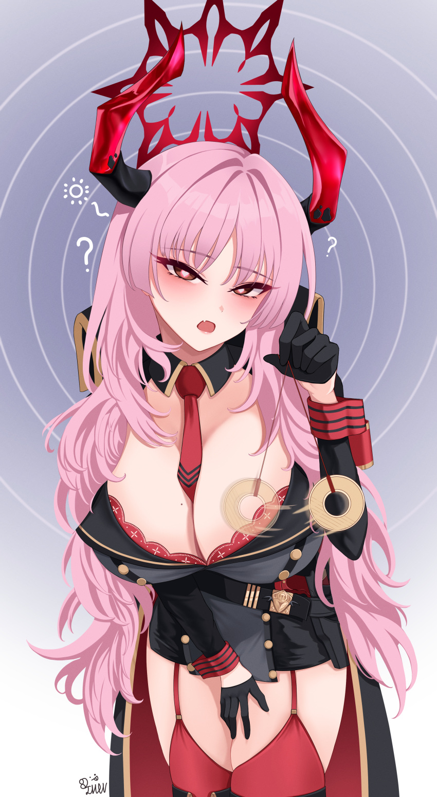 1girl 82jhin ? absurdres between_breasts black_gloves blue_archive bra bra_peek breasts cleavage coin coin_on_string cowboy_shot demon_horns detached_collar fangs garter_straps gloves half_gloves halo highres holed_coin horns huge_breasts hypnosis hypnotizing_viewer large_breasts long_hair long_sleeves looking_at_viewer mind_control mole mole_on_breast necktie necktie_between_breasts open_mouth pink_hair red_bra red_garter_straps red_halo red_horns red_necktie red_thighhighs red_wrist_cuffs solo standing teeth thighhighs two-tone_horns underwear