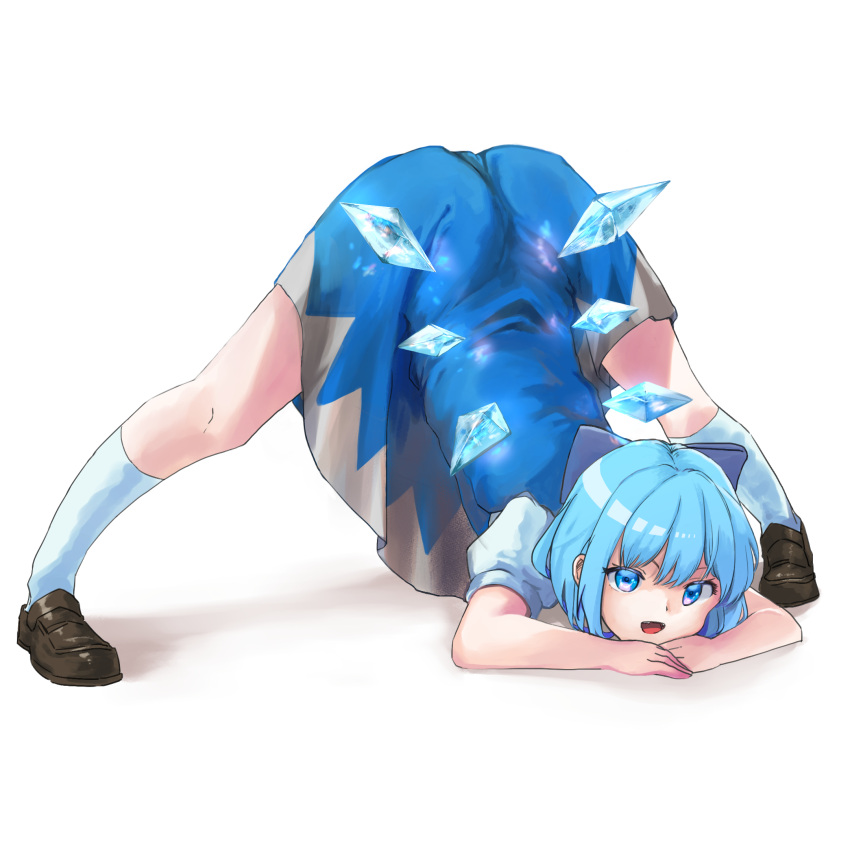 1girl black_footwear blue_bow blue_dress blue_eyes blue_hair bow cirno cirno_day commentary detached_wings dress full_body hair_bow hands_on_ground highres ice ice_wings jack-o'_challenge looking_at_viewer open_mouth short_hair short_sleeves socks solo spread_legs top-down_bottom-up touhou unloli white_socks wide_spread_legs wings