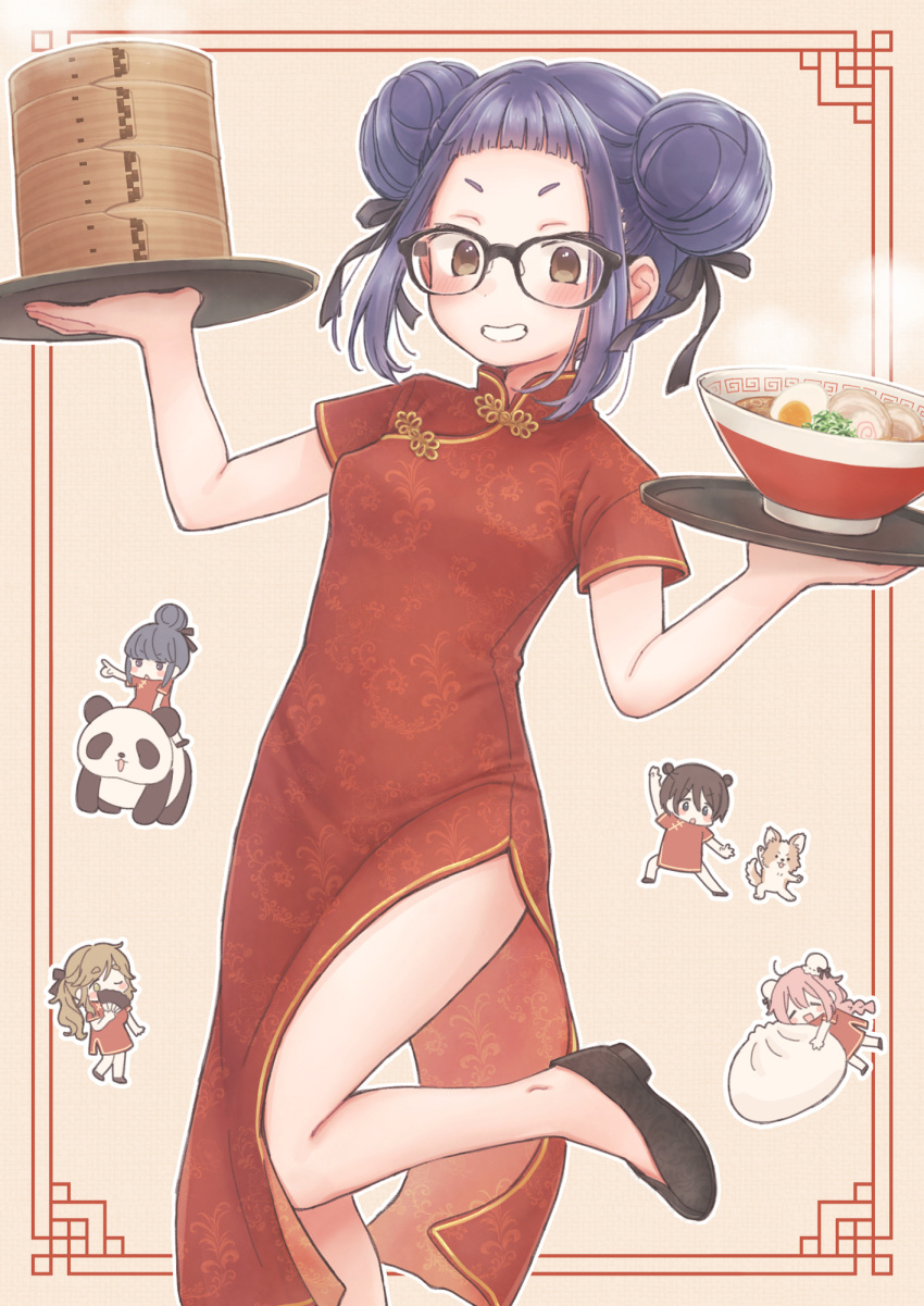 4girls bamboo_steamer baozi black-framed_eyewear blunt_bangs border brown_eyes chibi chibi_inset china_dress chinese_clothes dog double_bun dress dumpling food glasses grin hair_bun hair_ribbon highres holding holding_food holding_tray inuyama_aoi kagamihara_nadeshiko leg_up loafers looking_at_viewer marrontorisu multiple_girls oogaki_chiaki outside_border panda purple_hair red_border ribbon shima_rin shoes short_eyebrows side_slit sidelocks smile solo_focus standing standing_on_one_leg steam tray yurucamp