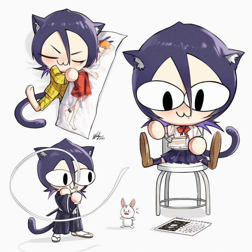 :3 absurdres animal_ears black_hair bleach blue_skirt body_pillow bow cat_ears cat_girl cat_tail collared_shirt cosplay dakimakura_(object) highres hugging_object kuchiki_rukia kuchiki_rukia_(cosplay) kurosaki_ichigo mouse multiple_views neco-arc pajamas pillow pillow_hug pleated_skirt red_bow shirt short_hair sitting skirt slit_pupils stool tail tsukihime waligner white_shirt yellow_pajamas