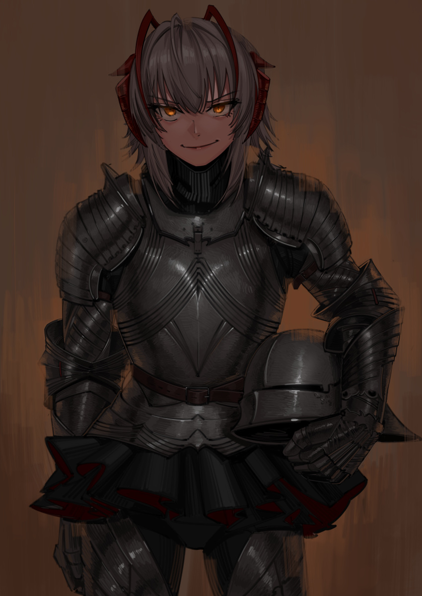 1girl absurdres alternate_costume antennae arknights armor black_skirt breastplate brown_background commentary cowboy_shot gauntlets grey_hair harris_hero helmet highres holding holding_helmet horns looking_at_viewer orange_eyes short_hair shoulder_armor skirt smile solo standing w_(arknights)