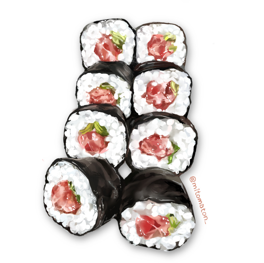 artist_name fish_(food) food food_focus highres makizushi mitomaton no_humans nori_(seaweed) original realistic rice simple_background still_life sushi tuna twitter_username white_background