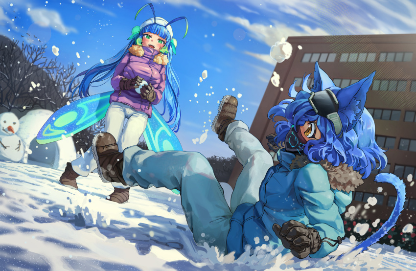 2girls absurdres animal_ears antenna_hair black_footwear black_gloves blue_coat blue_sky blush boots breasts brown_eyes building cat_ears cat_girl cat_tail cloud coat commission day gloves goggles goggles_on_head green_eyes highres large_breasts looking_at_another mask melaton mouth_mask multiple_girls open_mouth original outdoors pants purple_coat skeb_commission sky snow snowball snowball_fight snowman tail teeth upper_teeth_only white_pants