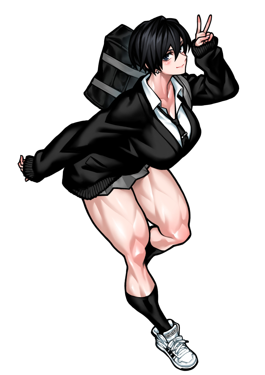 1girl absurdres bag black_hair breasts cardigan earrings highres jewelry large_breasts miniskirt muscular muscular_female necktie original school_uniform shirt shoes short_hair shoulder_bag skirt sneakers thighs v white_shirt yotaro