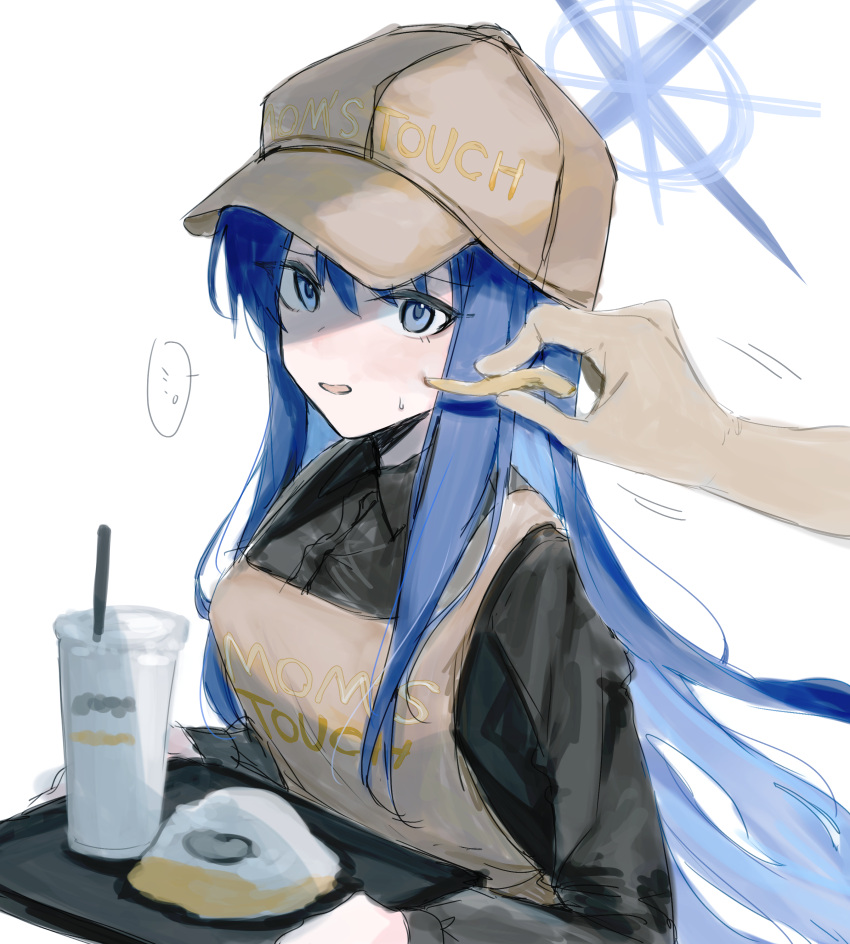 1girl 1other absurdres apron black_shirt blue_archive blue_eyes blue_hair blue_halo brown_apron brown_headwear collared_shirt dantyou2525 drink drinking_straw food french_fries hair_between_eyes halo hat highres holding holding_food holding_tray long_hair long_sleeves mom's_touch open_mouth pov pov_hands saori_(blue_archive) shirt simple_background sketch tray upper_body white_background
