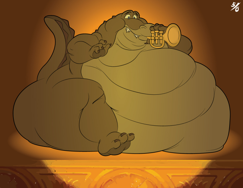 2018 50percentgrey alligator alligatorid anthro belly big_belly big_butt brass_instrument butt claws crocodilian disney fangs holding_object holding_trumpet louis_(tpatf) male morbidly_obese morbidly_obese_anthro morbidly_obese_male musical_instrument nude obese obese_anthro obese_male overweight overweight_anthro overweight_male raised_tail reptile scales scalie signature sitting solo stage tail teeth the_princess_and_the_frog thick_thighs toe_claws trumpet wide_hips wind_instrument