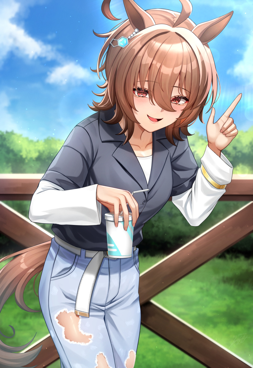 1girl against_fence agnes_tachyon_(umamusume) ahoge animal_ears black_shirt blue_sky blurry blurry_background bracelet brown_hair chemical_structure cloud cloudy_sky collarbone collared_shirt commentary_request cowboy_shot cup denim disposable_cup drinking_straw earrings fence grass hair_between_eyes highres holding holding_cup horse_ears horse_girl horse_tail jeans jewelry long_sleeves looking_at_viewer mixed-language_commentary motsushi official_alternate_costume open_mouth outdoors pants pointing pointing_up red_eyes shirt short_hair single_earring sky smile solo tail torn_clothes torn_jeans torn_pants umamusume white_shirt
