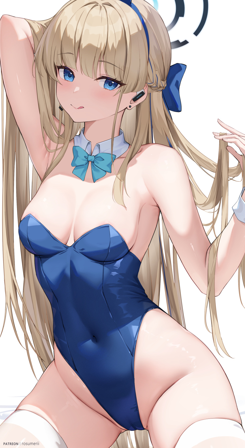 1girl :q absurdres blonde_hair blue_archive blue_eyes blue_leotard breasts detached_collar detached_sleeves halo highres leotard long_hair looking_at_viewer playboy_bunny rosumerii simple_background smile solo thighhighs toki_(blue_archive) toki_(bunny)_(blue_archive) tongue tongue_out white_background white_thighhighs