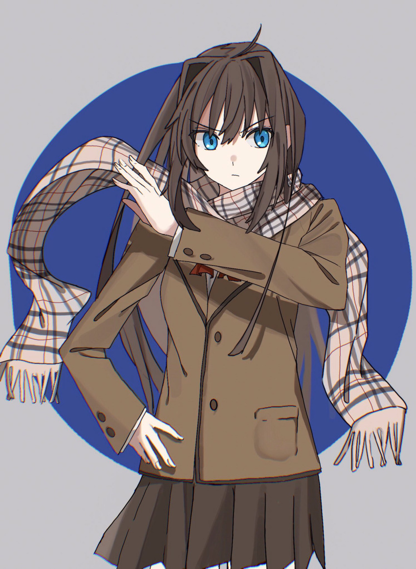 1girl aozaki_aoko blazer blue_eyes brown_hair brown_jacket brown_skirt commentary hair_intakes hand_on_own_hip highres jacket long_hair mahou_tsukai_no_yoru pikaremon scarf school_uniform simple_background skirt solo type-moon